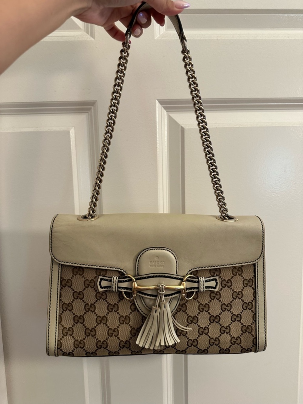 Gucci Emily GG Monogram Beige Canvas Shoulder Bag with Tassel